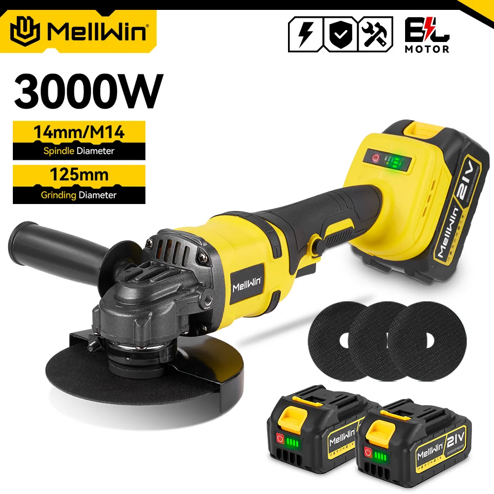 MELLWIN 125MM Bürstenloser Akku-Winkelschleifer M14 Elektrisches Metall- und Holzschleif-, Polier- und Schneidwerkzeug für Makita 18V Akku
