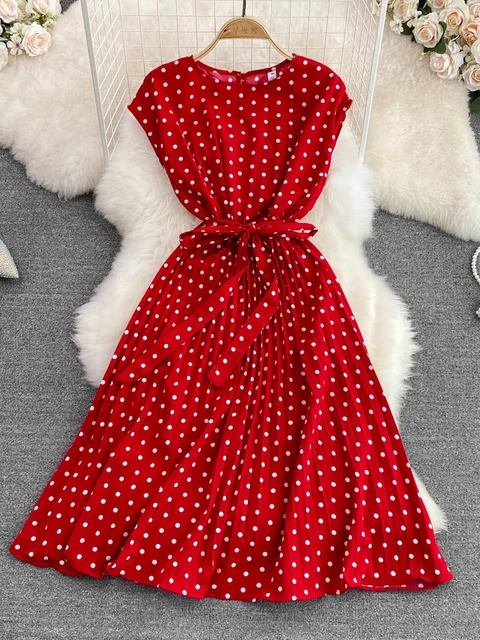 Summer Vintage Polka Dot Pleated Dress Women Red Green Black Draped Knee Length Vestidos Female Elegant Robe New Fashion AliExpress