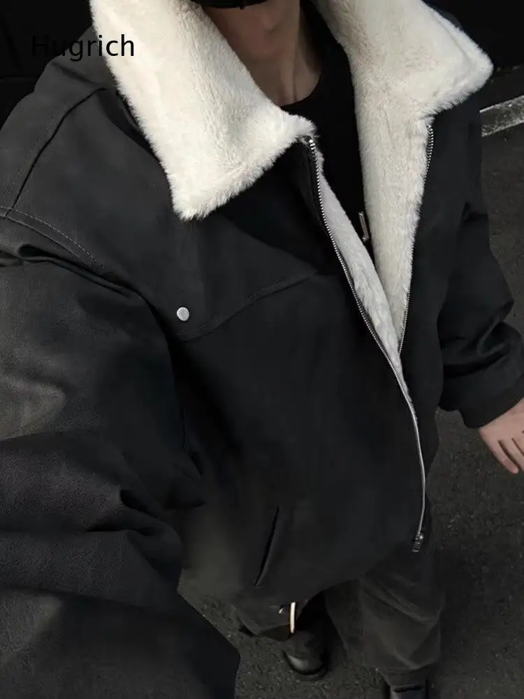 Brown Sherpa Lined Oversized Leather Jacket Mens Fleece Collar Retro Y2K Winter Moto Coat