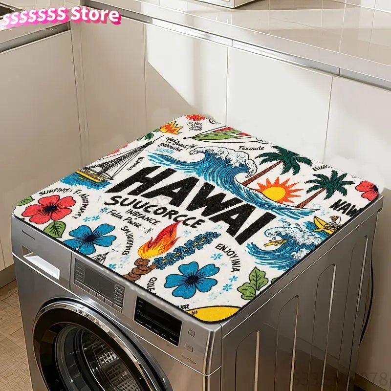 Colorful Hand-Drawn Mat Featuring a Hawaiian Theme, with Palm Trees, Ocean Waves, Surfers, Sailboats, And Sunflowers, All Relate