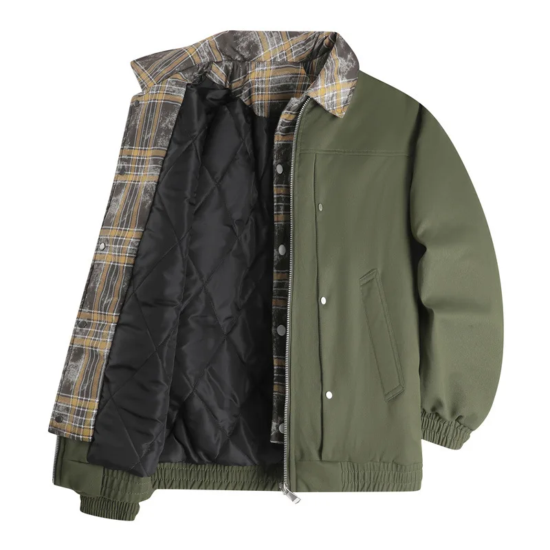 Winter Men Jacket New Plaid Patchwork Turn Down Collar Male Coat Thicken Warm Long Sleeve Loose Man Fake Two-piece Outerwear