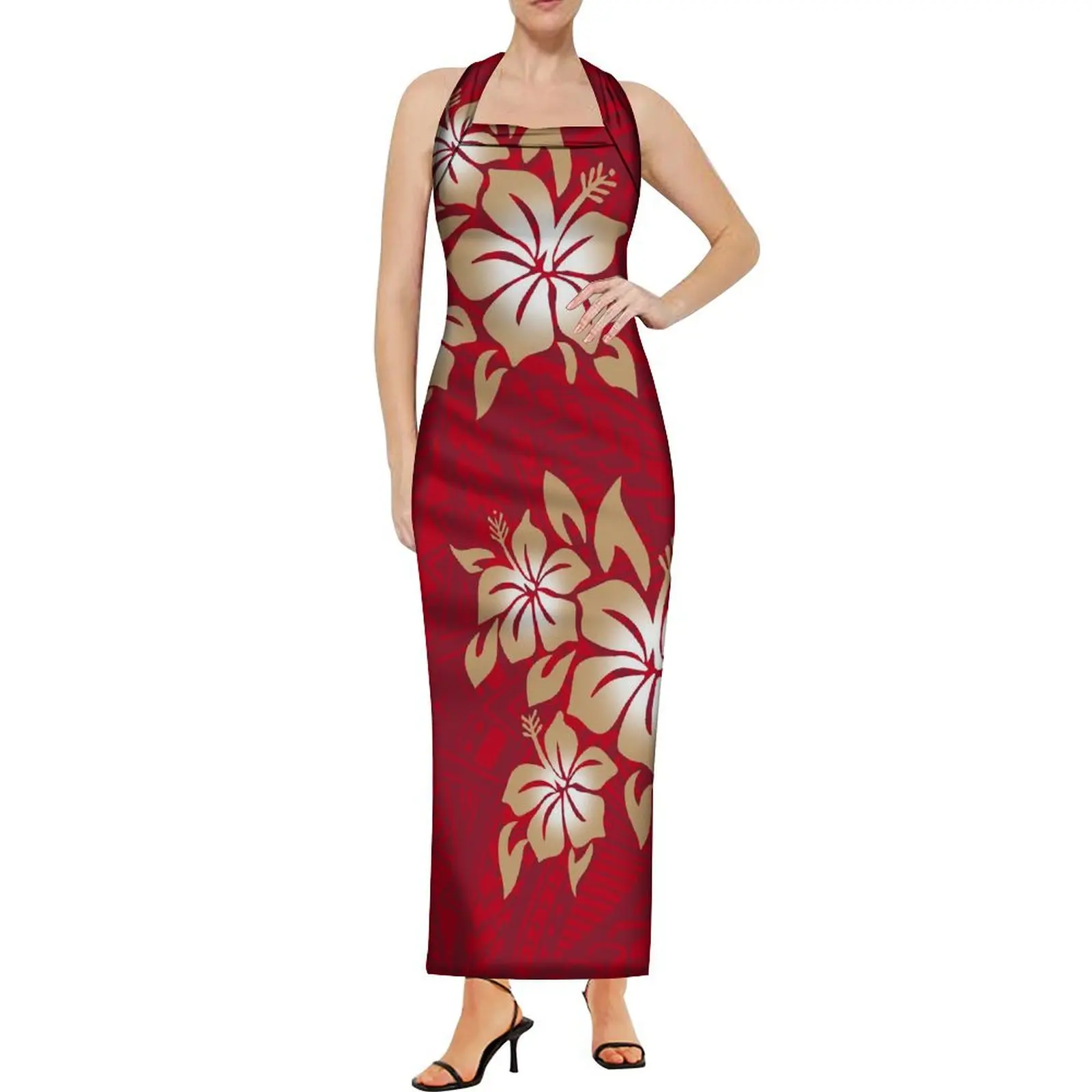 2024 New Design Island Floral Print Summer Women Slim Dress Pacific Strapless Halter Halter Style Polynesian Maxi Dress