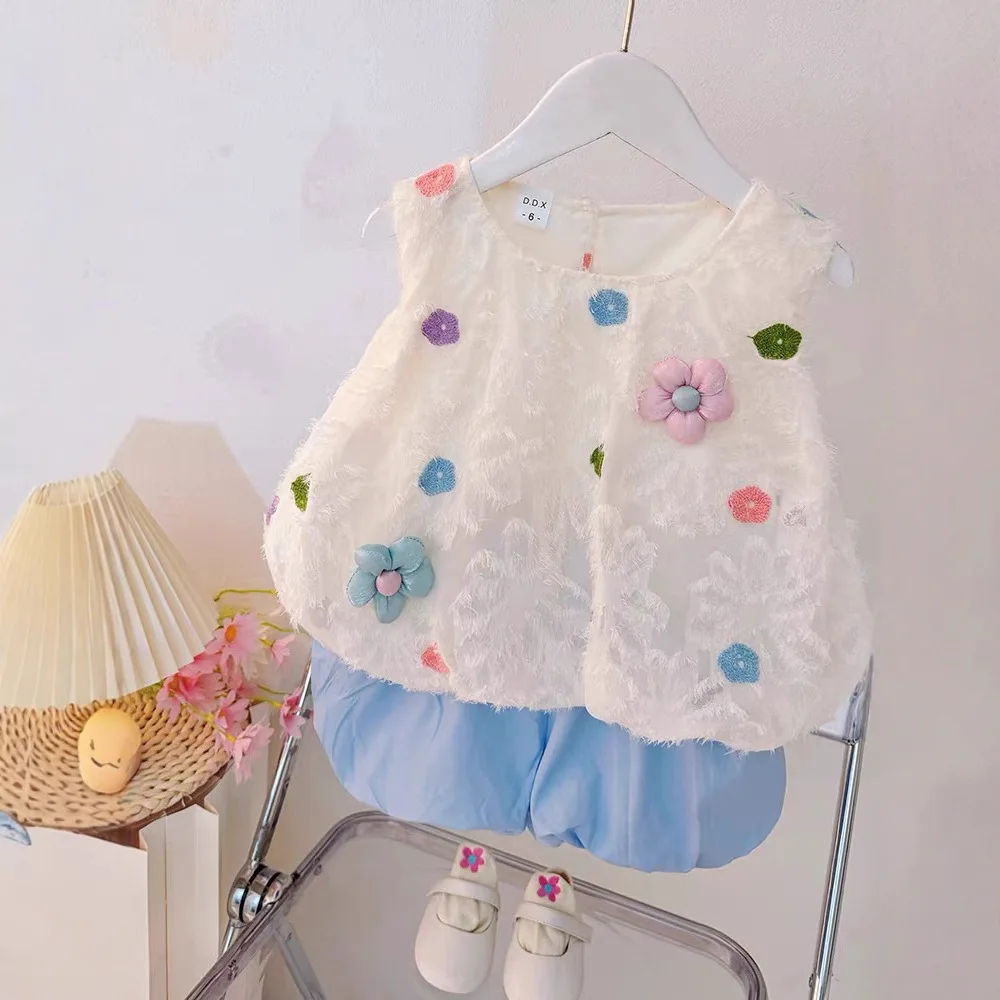 Girls Vest Top Set New Summer Girls Treasure Korean Version Fashion Flower Bud Pants Two Piece Set