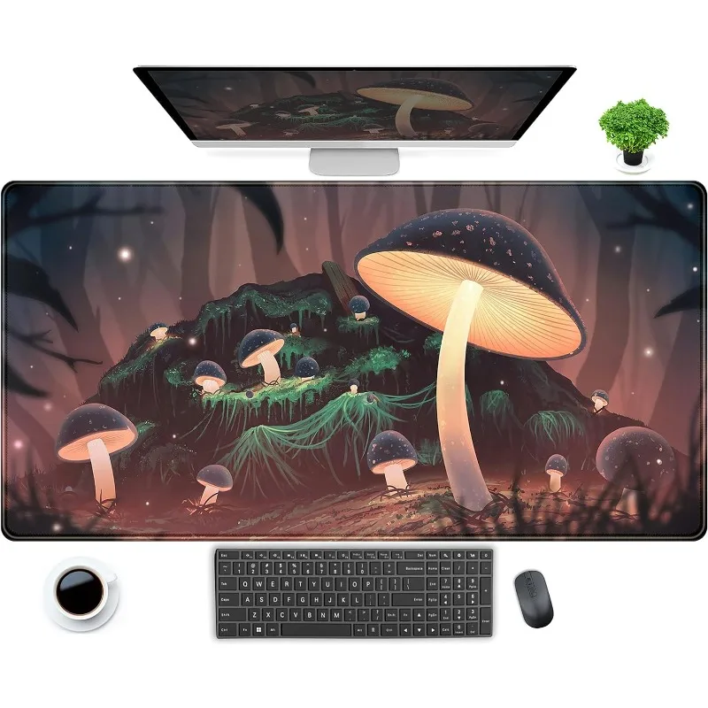 Cute Green Forest Leaves Desk Mat Whimsical Moon Mousepad Extended Gaming Mouse Pads Stitched Edges Computer Laptop Keyboard