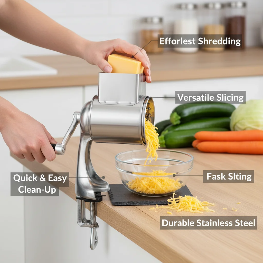 

5-in-1 Manual Kitchen Grater | Multi-Function Vegetable Processor with 5 Drum Blades for Home, Restaurant, and Food Preparation