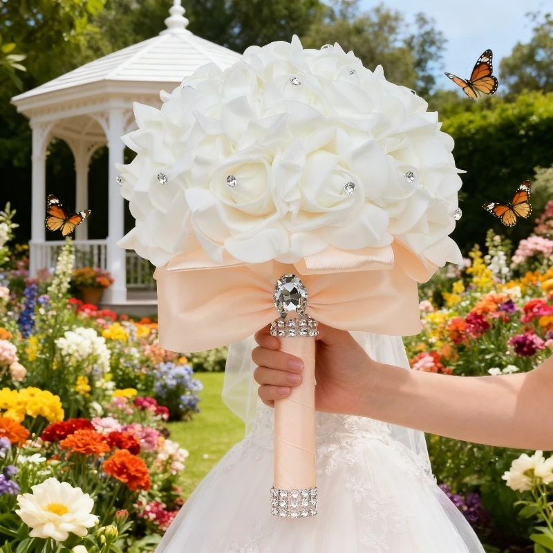 

Европейский свадебный букет из полиэтиленовых роз, сверкающие стразы и ленты, подходящие для церемоний невест и подружек невесты