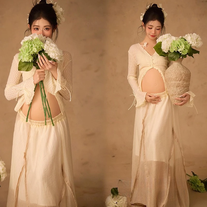 Women Photography Props Maternity White Elegant Pregant Split Top with Skirt Pregnancy Dresses Studio Photo Shoot Photo Clothes