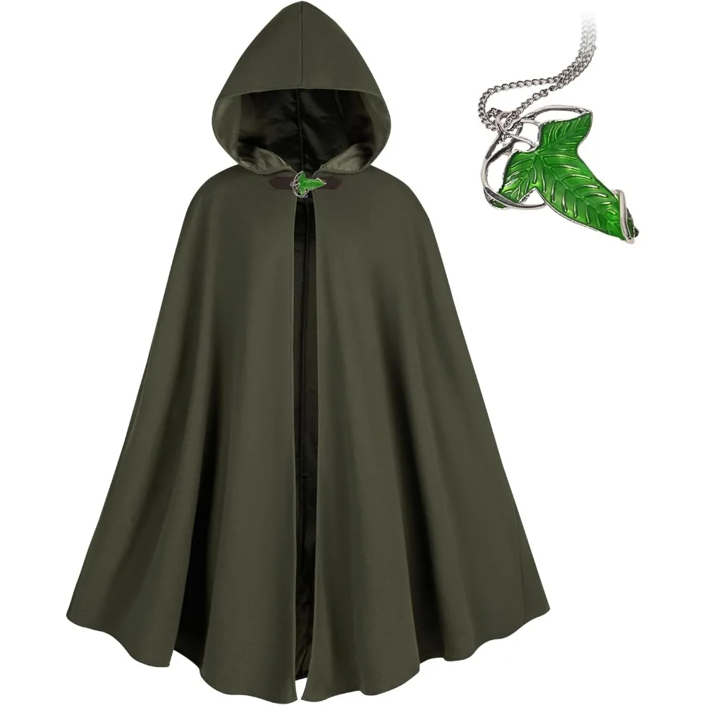 

Medieval Costume Cloak with hood men Adult Renaissance Hooded Cloak with Green Leaf Brooch Necklace