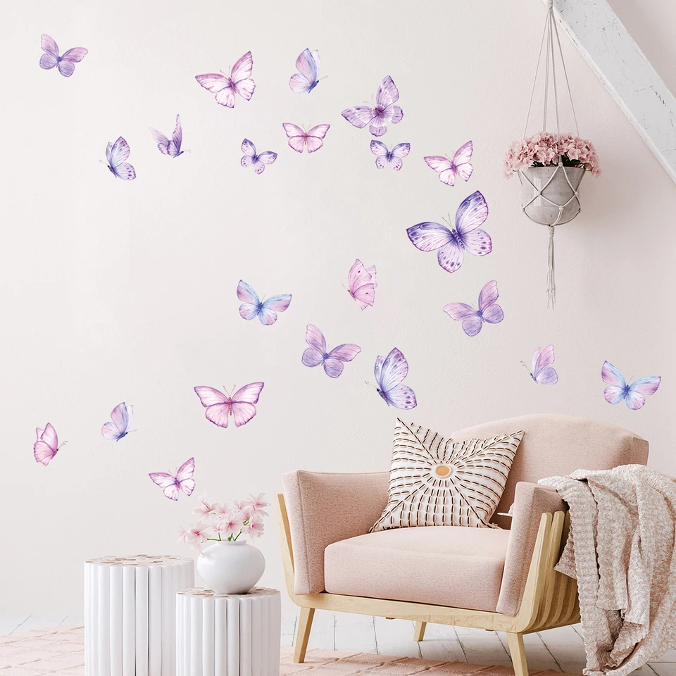 Adesivi Murali Fiori E Farfalle In Stile Acquerello – Set Da 2 Fogli Rimovibili Per Camera Da Letto, Soggiorno O Cameretta, Decorazione Floreale DIY 81x106 Cm