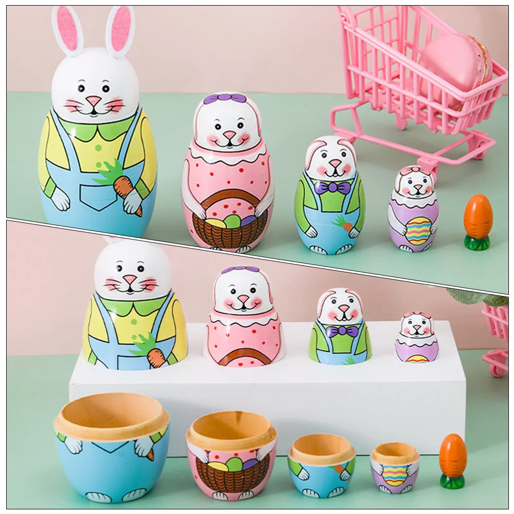 

Painted Bunny Nesting Wooden Russian Crafts Decorative Toys Safe Natural Wood Matryoshka Stacking Figurine