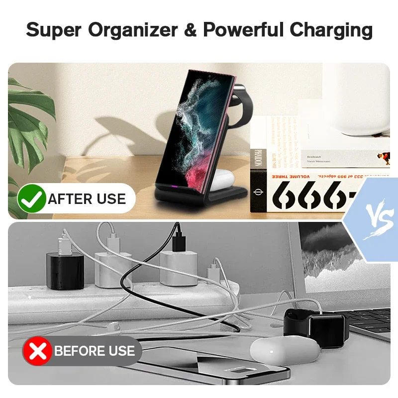 VIKEFON 3 in 1 Wireless Charger Stand For Samsung S24 S23 S22 Watch 8 7 6 5 4 Active 1 2 Galaxy Buds Fast Charging Station