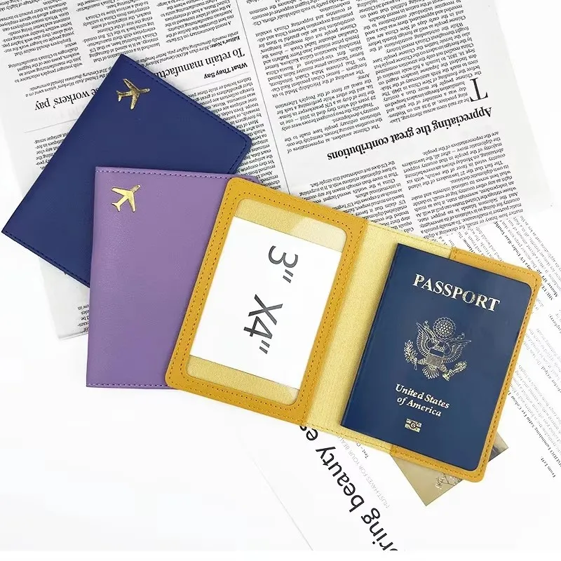 1pc novo couro do plutônio titular do passaporte ouro avião saco de passaporte portátil artesanal costura clipe de passaporte acessório de viagem capa