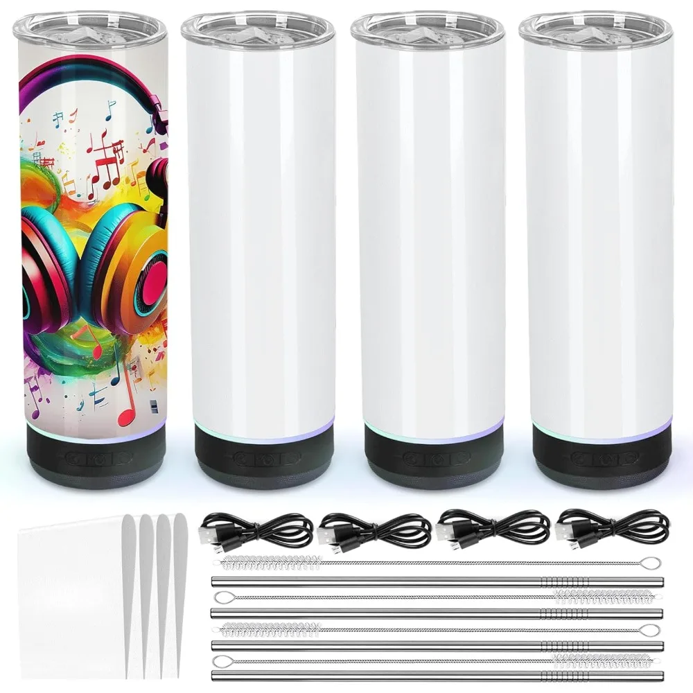 

4 Pack 20 Oz Music Speaker Tumbler, Sublimation Music Tumbler Blanks, Double Wall Vacuum Insulated Coffee Mug
