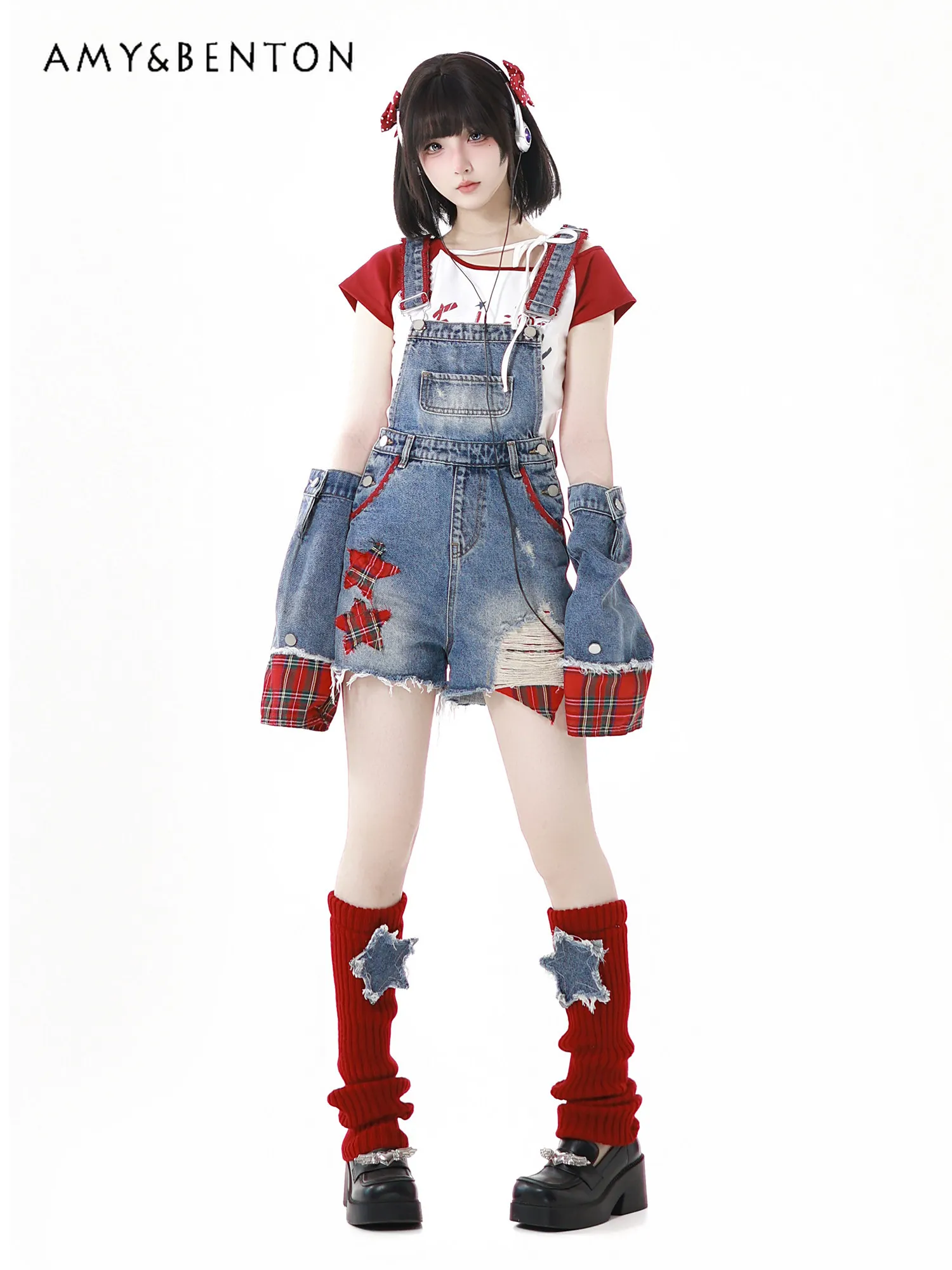 

Summer New American Retro Women's Lace Star Applique Short Denim Overalls Red White Letter Print Design Short Sleeve T-Shirt