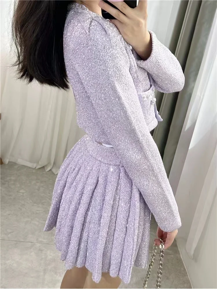 2024 Early Autumn Exquisite Flowers Nail Beading Sequined Short Knitted Cardigan Jacket Women\'s Pleated Skirt Fashion Suit