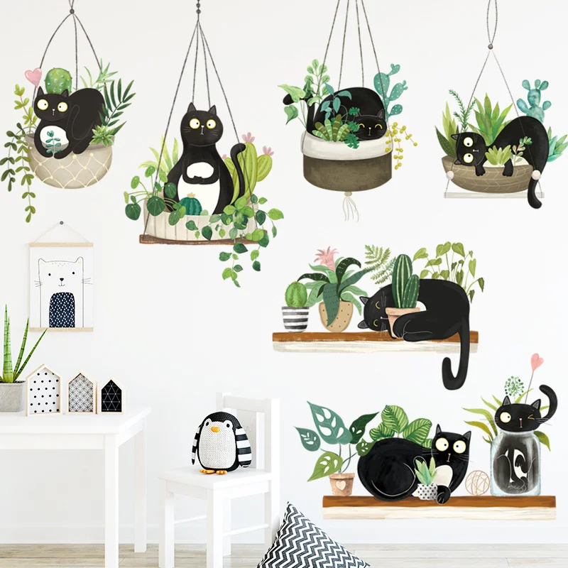 Aquarell Schwarze Katze im Hängekorb Wandaufkleber, 7 Stile Kätzchen Kaktus Grünpflanze Kinderzimmer Deko