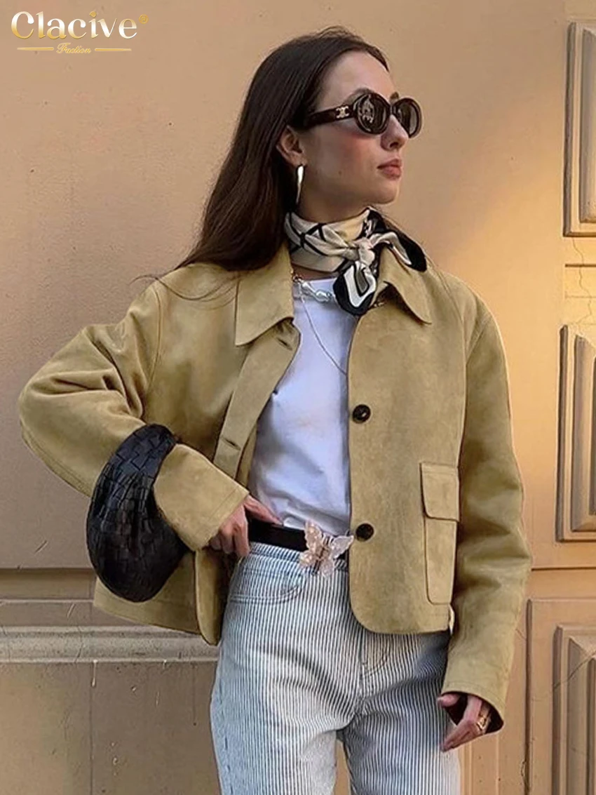 

Clacive Winter Loose Brown Office Women's Coats Fashion Lapel Long Sleeve Coats Elegant Classic Solid Tops Female Clothing 2025