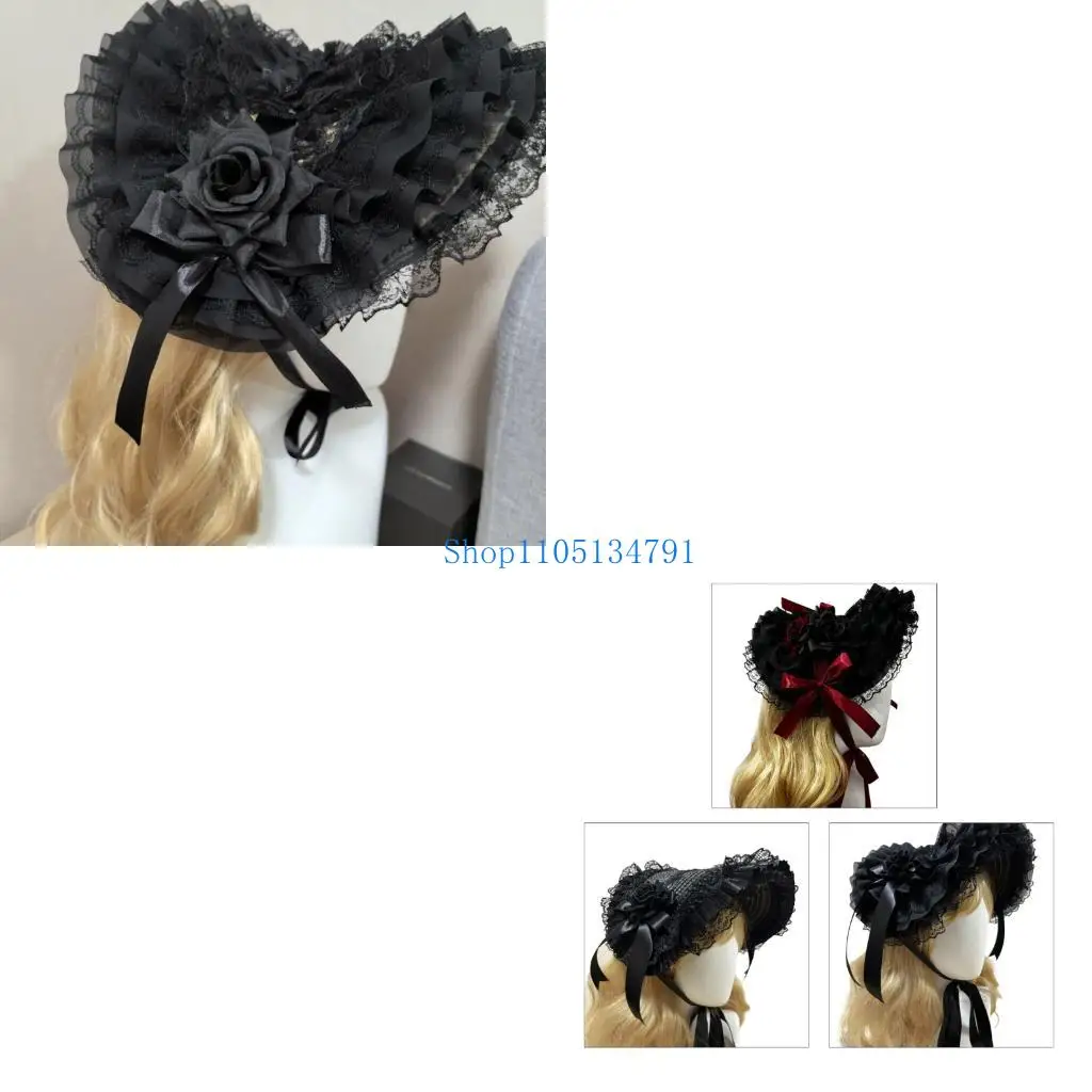 

98km Victorian Lace Trim Straw Hat Dark Series Headwear Large Bowknot Bonnet Hat For Amime Theme Event Photography Headpiece