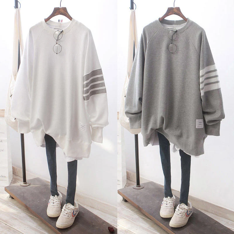 Plus Size Women Clothing 2022 Spring Autumn Korean Preppy Style Striped Long Sleeve Streetwear Oversize Sweatshirt Pullovers Top