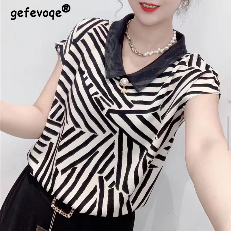 

Women's Striped Printed Beaded Chic Elegant Blouse 2023 Summer Trendy Short Sleeve Loose Shirt Ladies Chiffon Tops Ropa De Mujer