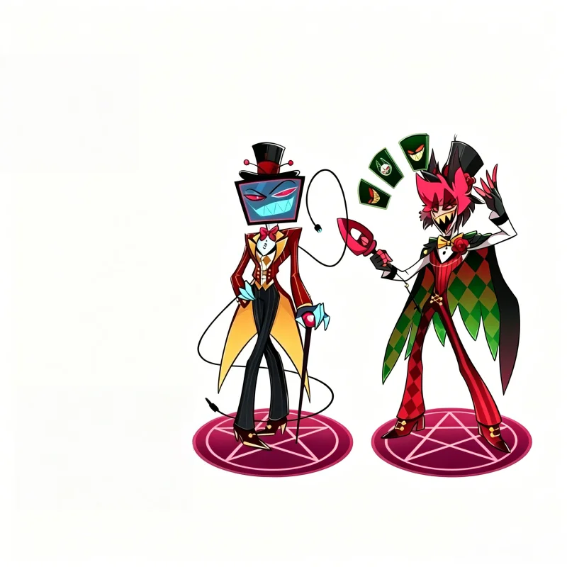 Fizzarolli Vox Alastor Acryl-Standfigur, Schreibtischdekoration, Sammlerstück, Anime-Thema, niedliches Paar, Sonderedition, Glitzer-Geschenk für Fans