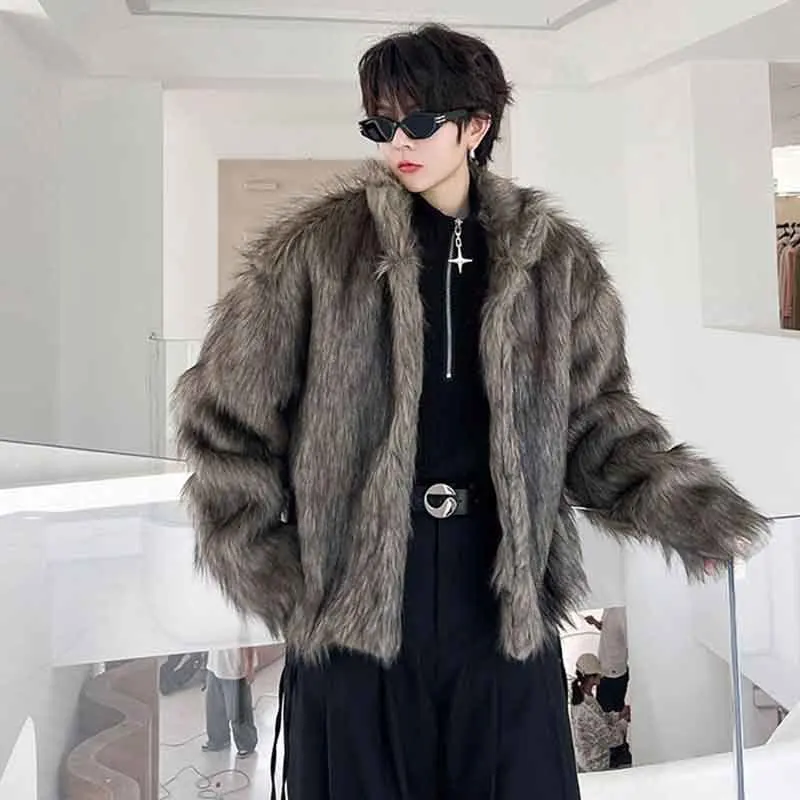 SYUHGFA 2024 Winter Men\'s Dark Faux Fur Cotton Coat Fashion Korean Style Loose Woolen Cardigan Jackets Trend Male Autumn New