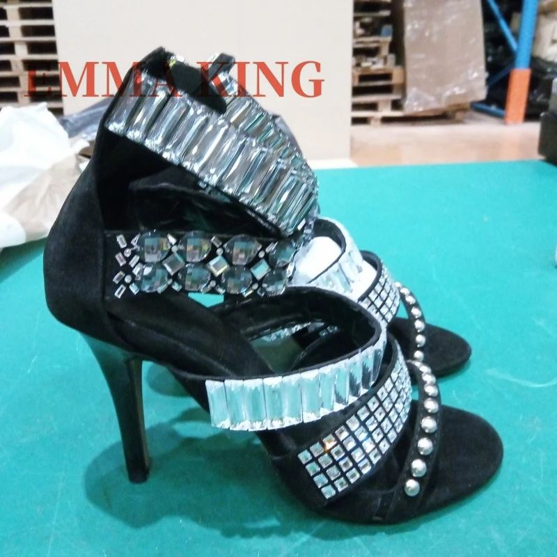 Black Embellished Ankle Strap Sandals Summer Women Open Toe Stiletto Gladiator Sandals Fashion Rhinestone Party Dress Shoes 44