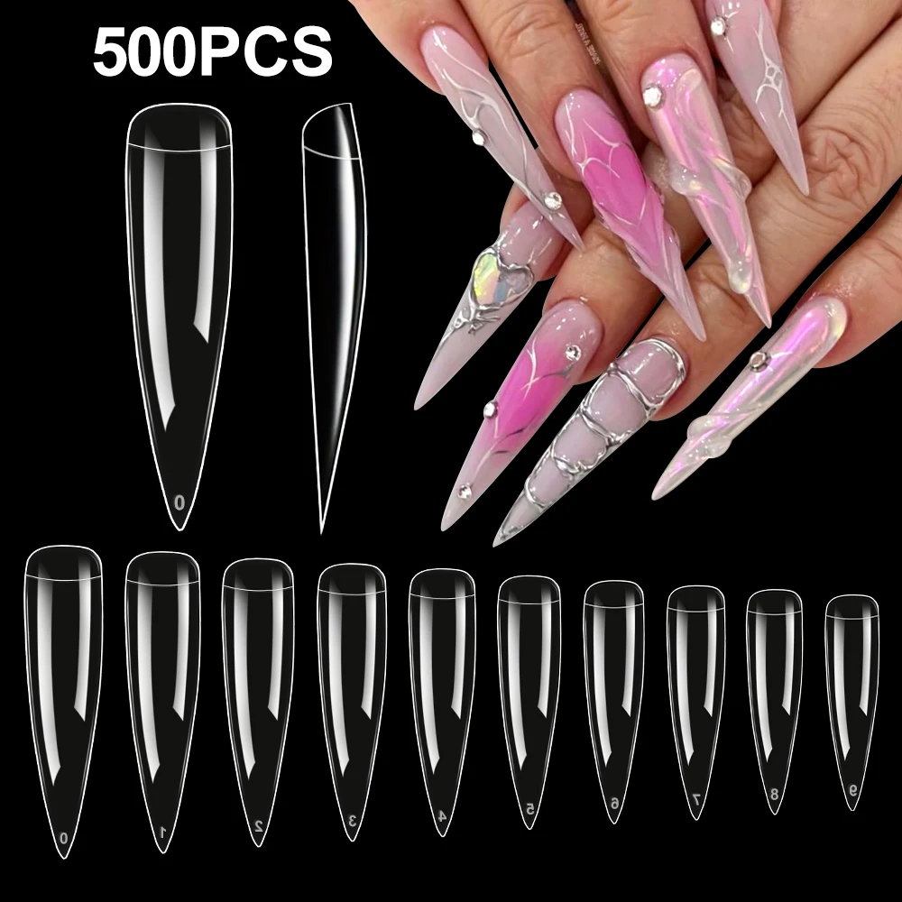 

500Pcs Long Stiletto/Coffin False Nail Tips Half Cover Clear/Natural SoftGel Press On Nail Fake Fingertip for Manicure Extension