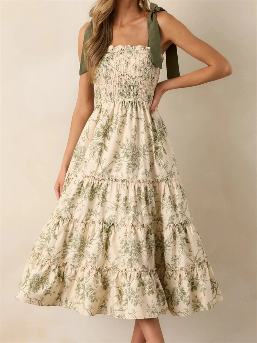 Women Y2k Laceup Smocked Maxi Dress Bow Tie Shoulder Tiered Ruffle Midi Sundress Boho Casual Beach Long Dresses