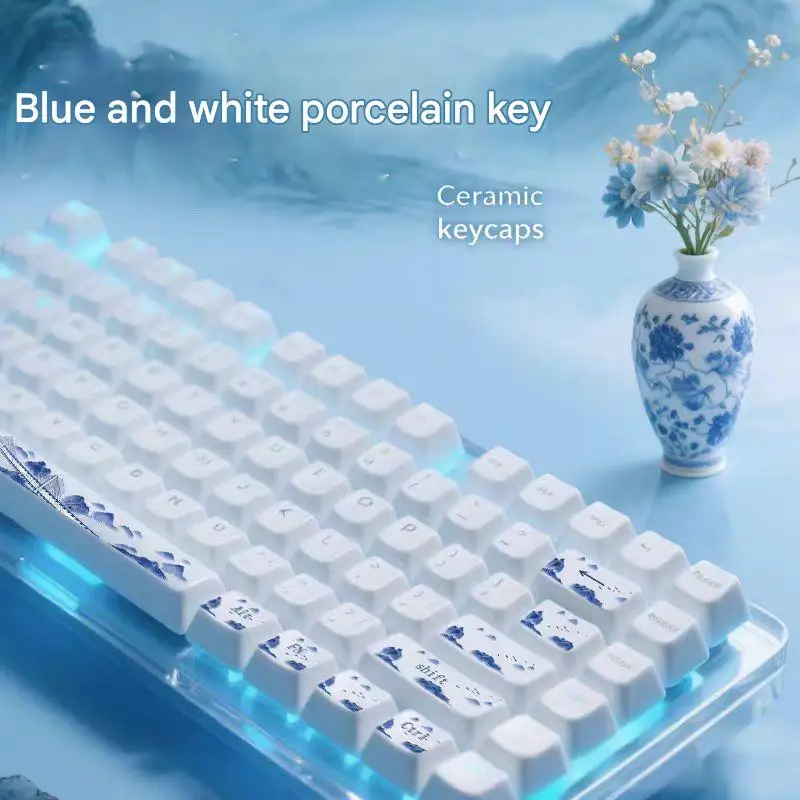 

Сине-белые керамические кейкапы из фарфора, оригинальной высоты, гладкие и блестящие, как нефрит, совместимые с механическими клавиатурами с крестообразными осями.