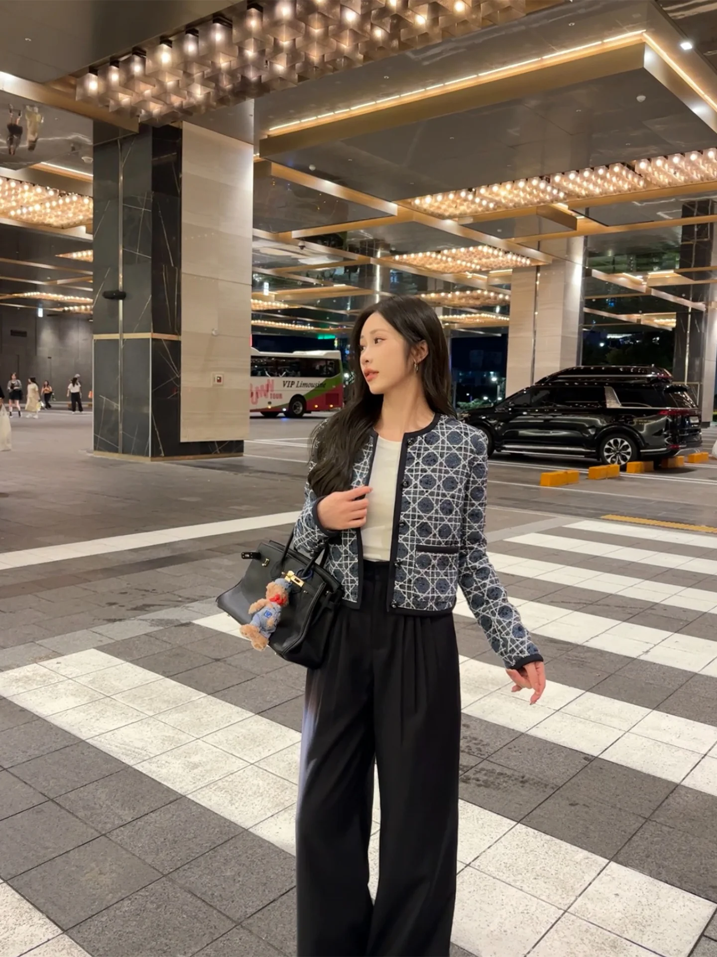 

Blue And White Diamond Pattern ort Coat round Ne Women's Jaet Spring New Sle Versatile Top for Small Figures