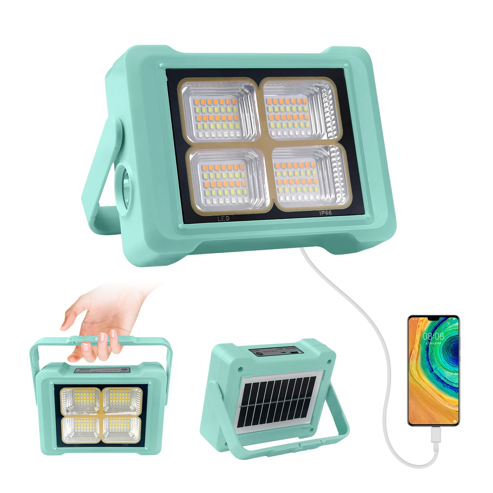 Portátil Solar LED Flood Light, Flash Light, recarregável, USB, 5V com bateria, LED Work Light, Emergency Phone Charge, Camping Lamp