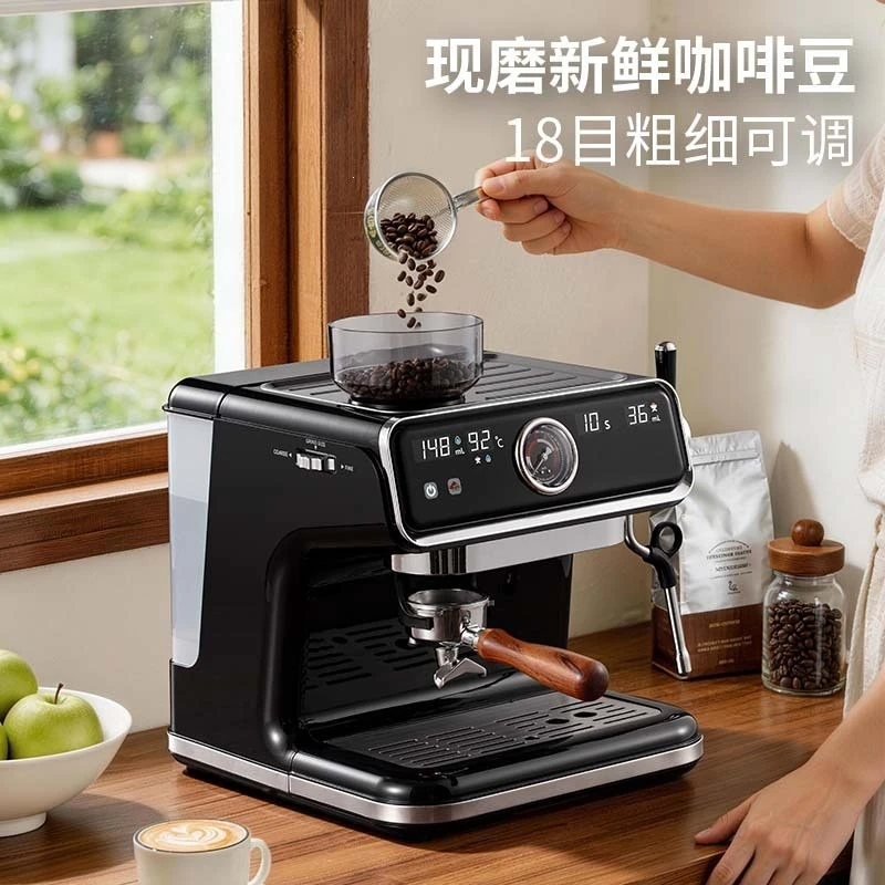 Grinding integrated semi-automatic espresso machine with strap grinding touch screen buttons