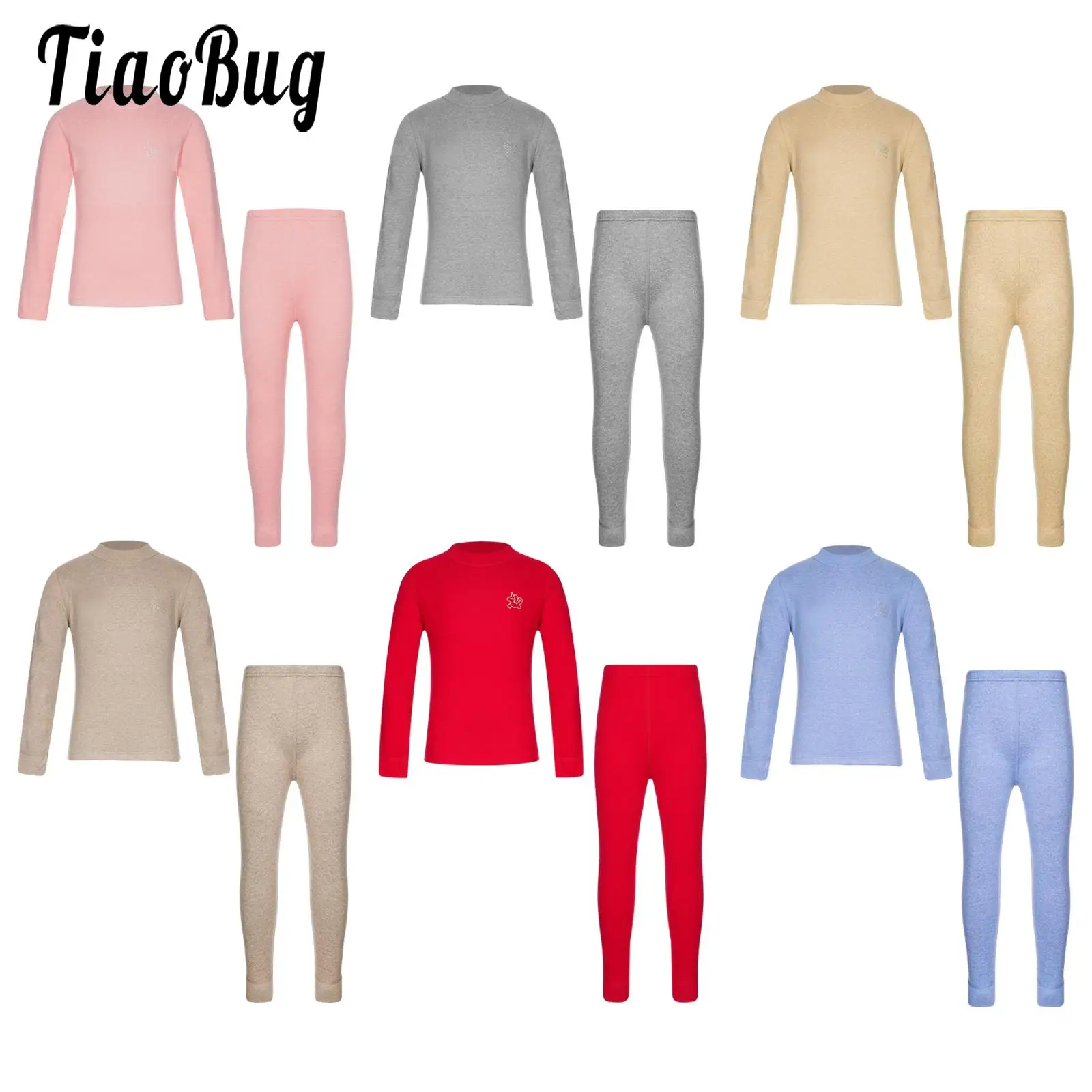 

Kids Girls Boys Warm Two-piece Thermal Underwear Outfit Solid Color Base Layer Long Sleeve Shirts and Elastic Waistband Leggings