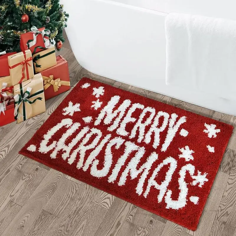 VIKAMA Christmas Bath Runner Mat Red Merry Christmas Snowflake Print Absorbent Rug For Bathroom Bedroom Hallway Xmas Decor