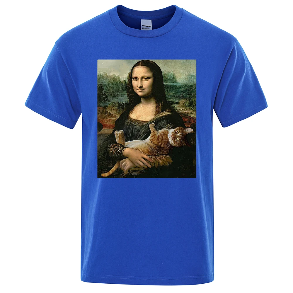 Funny Mona Lisa And Cat Printed T-Shirt For Men Summer Cotton T Shirt Loose Breathable Clothing O-Neck Fashion Casual Short Tees