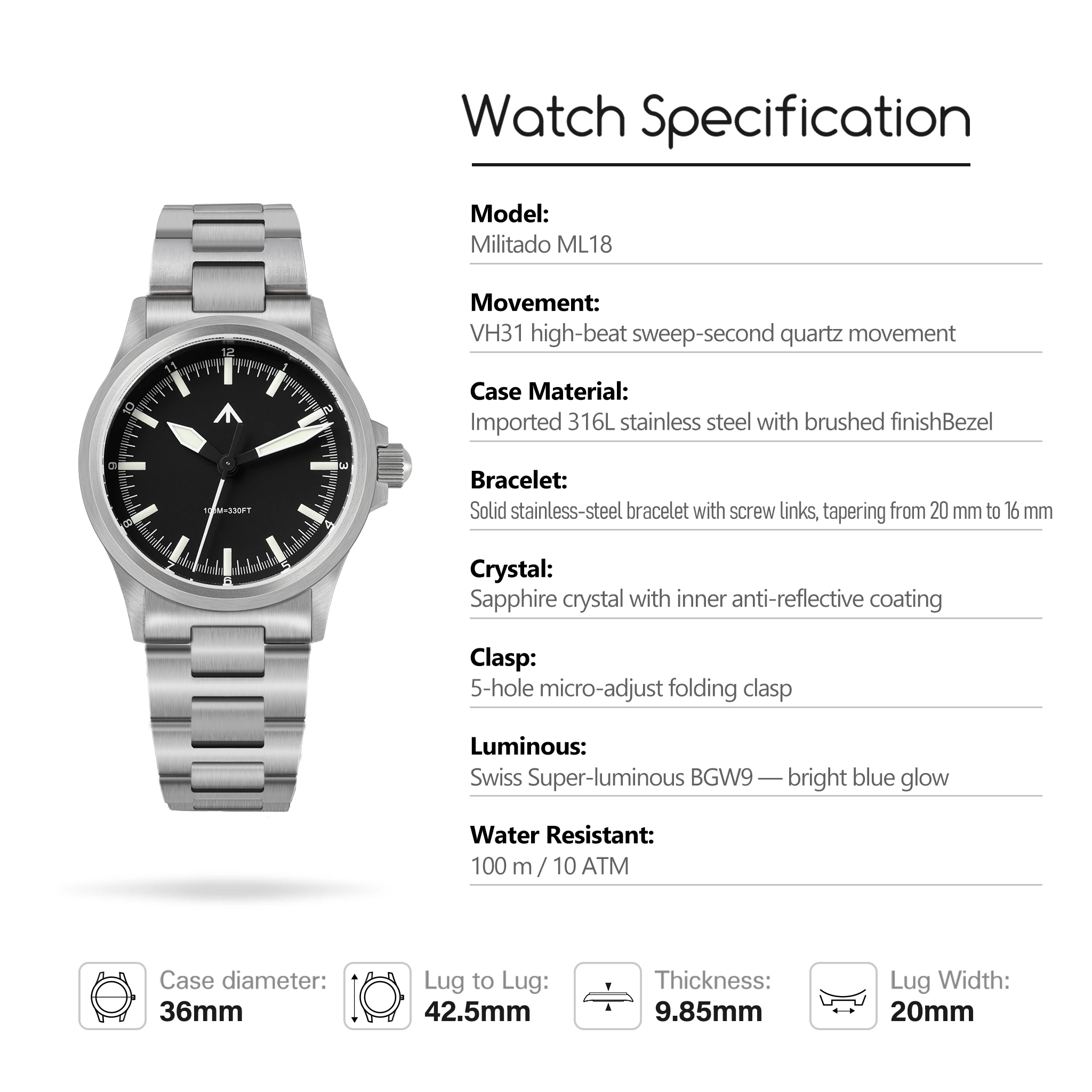 MILITADO NEWML18 36mm Watch VH31 Sweep Second Quartz Movement 316L Steel Sapphire BGW9 Lume 100M Waterproof Men's Wristwatch