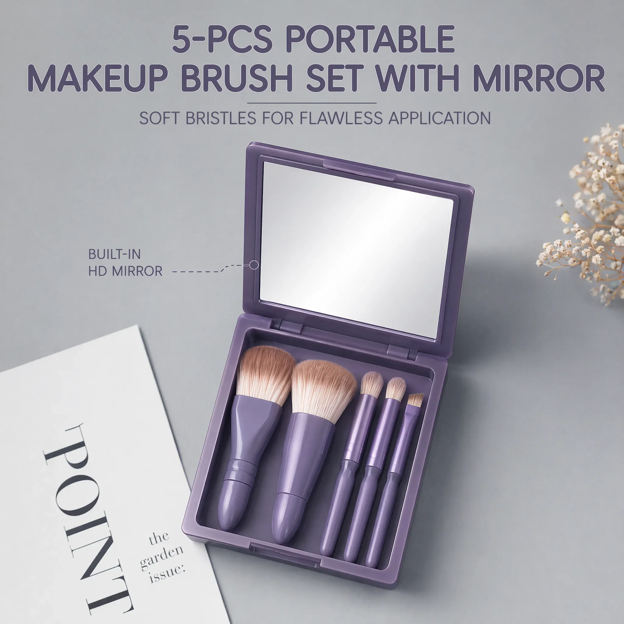 

5Pcs Soft Makeup Brush Set With Mirror Foldable Travel Mini Makeup Brushes Kit Portable For Beginner Women