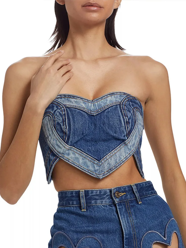 

Trendy Denim Bustier Tops for Women with Heart-motif-Flattering for Summer Party and Festival Looks Fashion Sexy High Street Top