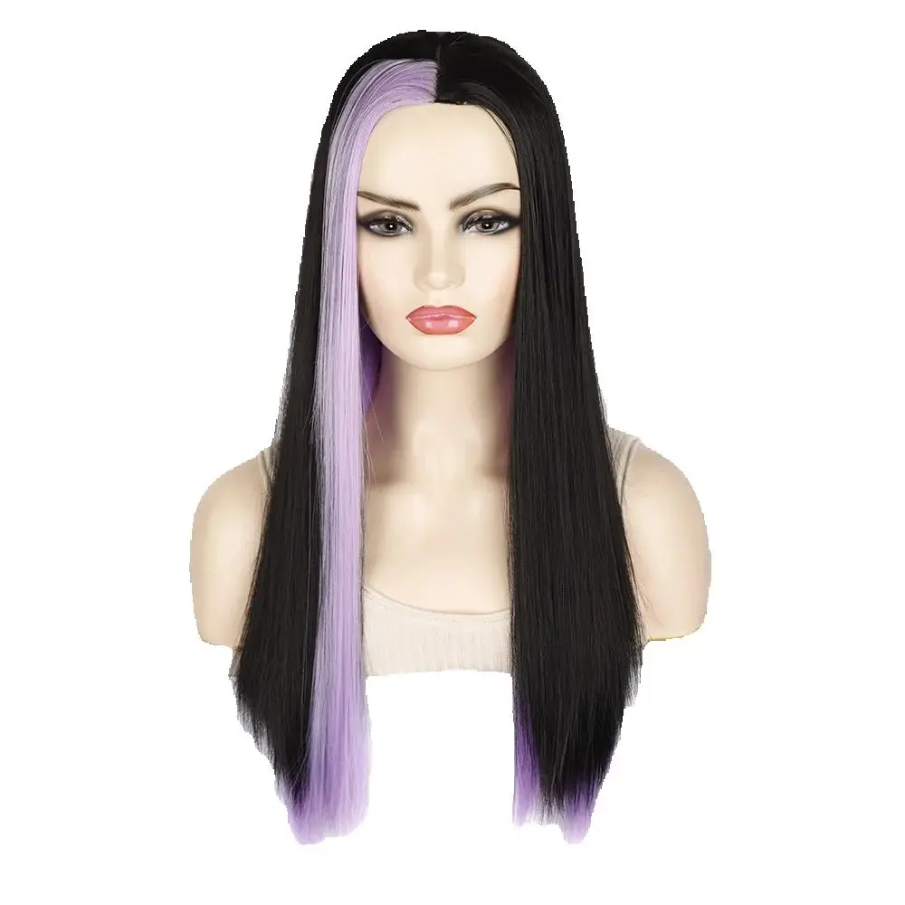 Long Straight Synthetic Cosplay Wig Pink Purple Highlight Soft Heat Resistant Natural Looking Easy to Wear for Women Daily Use