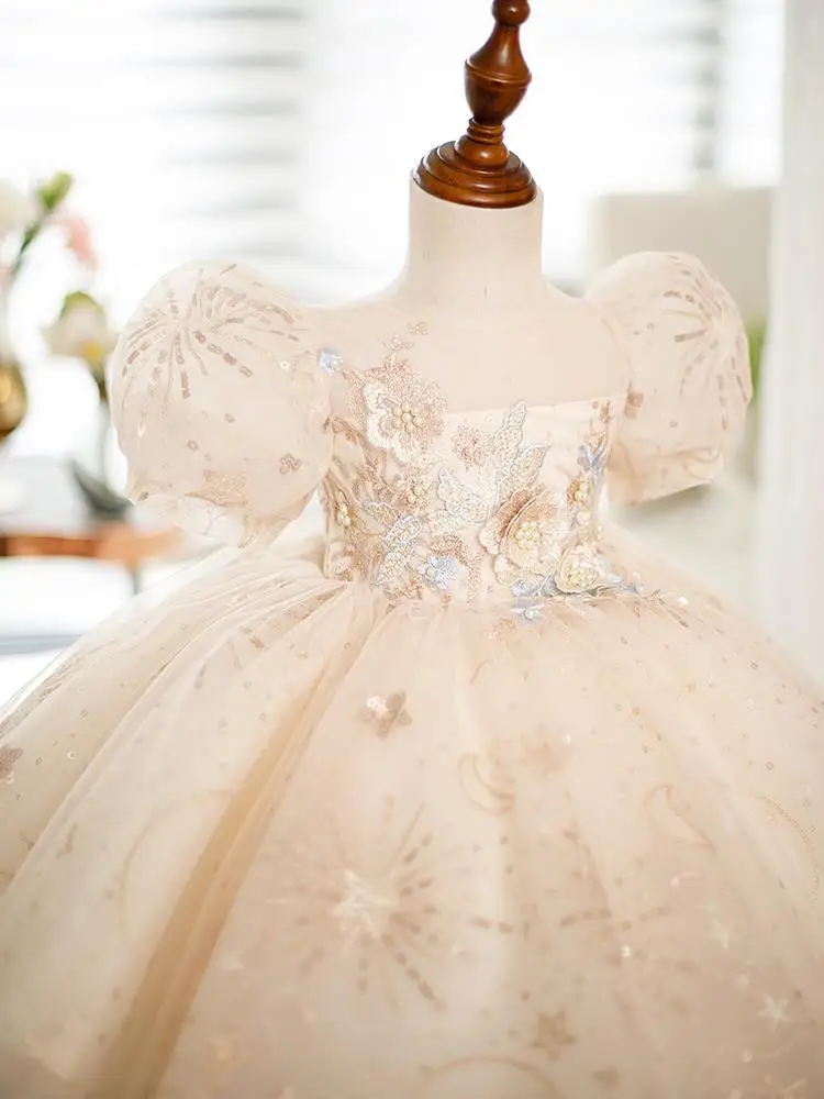 Champagner Super Fee Kinder volles Kleid-jähriges Baby Mädchen GeburtstagspartyBlumenmädchen Prinzessin Kleid Kostüm für Klavier durchführen