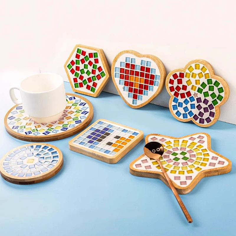 

Handmade DIY Mosaic Cup Mat Bottom Wooden Pad Heart Square Round Coaster Free Creation Handicraft Children's Educational Toys