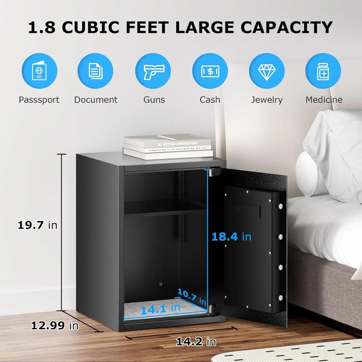 1.8 Cubic Feet Security Home Safe with Digital Keypad & Fireproof Bag, Fire-Resistant Security Box for Jewelry, Cash, Guns | Fir