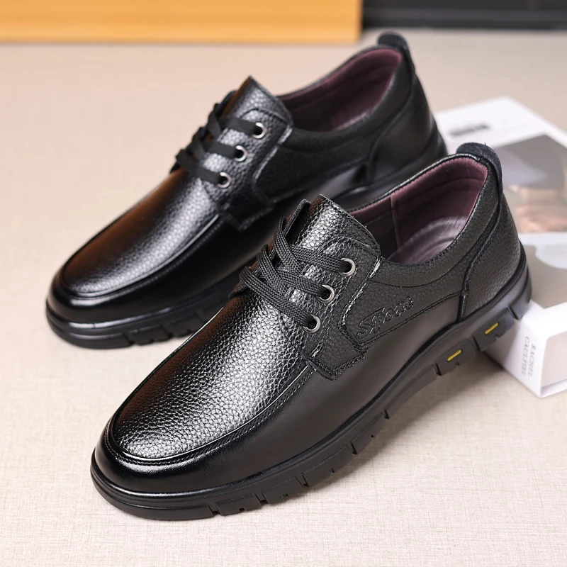 Leisure men\'s shoes 2024 spring new trendy minimalist work shoes with lace up middle-aged dad formal casual business leather sho