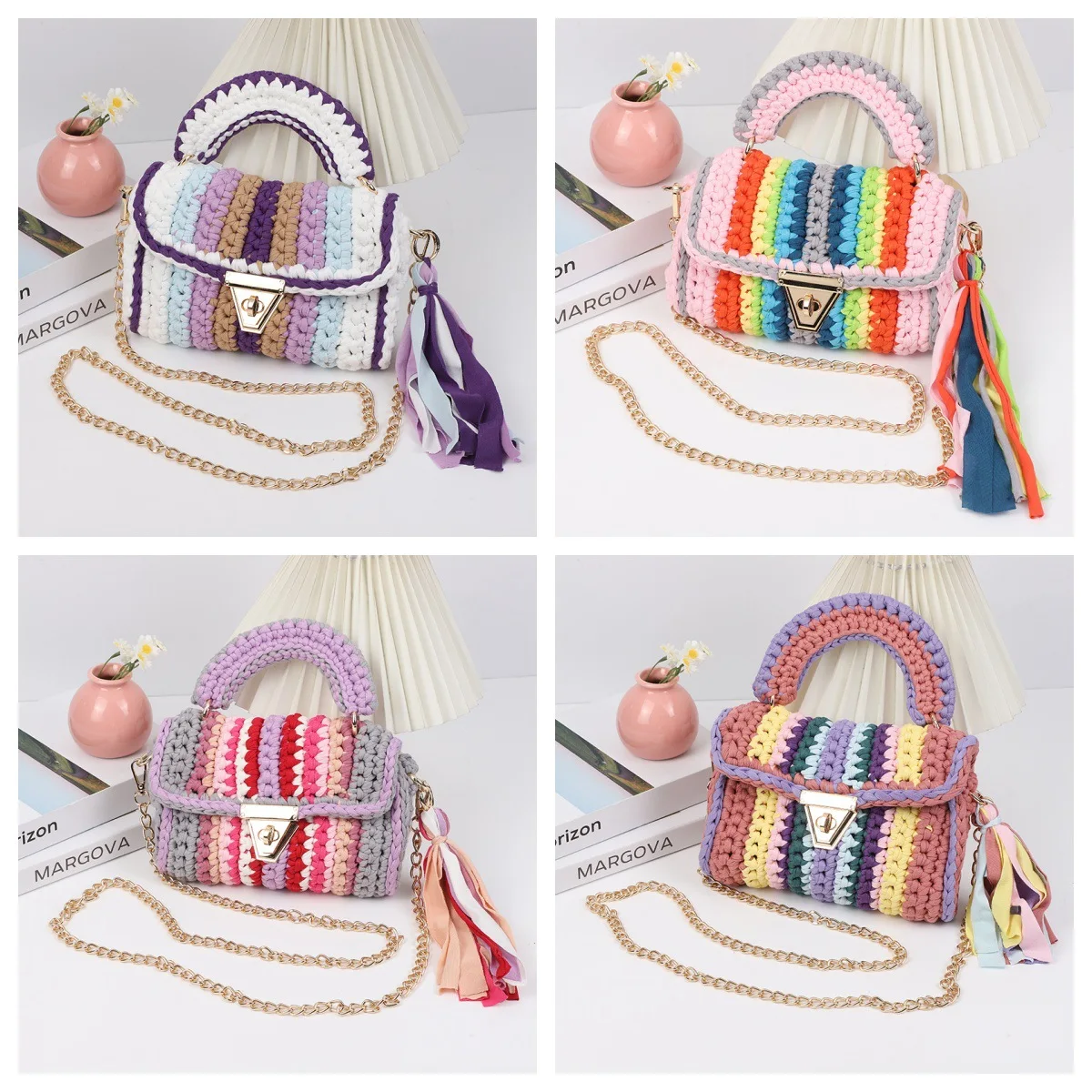 Women\'s Bag Hot Selling Hand Crocheted Color Cloth Strip Woven Skew Cross Bag Rainbow Color Shoulder Bag luxury designer handbag