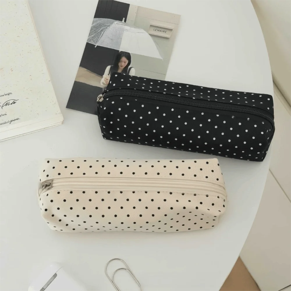 Fashion Y2k Polka Dot Pencil Case Canvas Desktop Storage Pen Bag Korean Style Large Capacity Stationery Storage Bag Kids