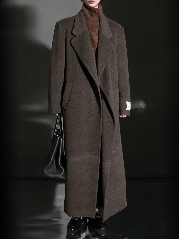 ZMEENNA Womens Gray Wool Blend Maxi Coat Oversized Single Button