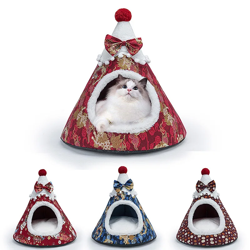 

1PC New Years Pet bed teepee cat house warm kawaii cat bed detachable soft cat kennel creative tent cat accessories pet