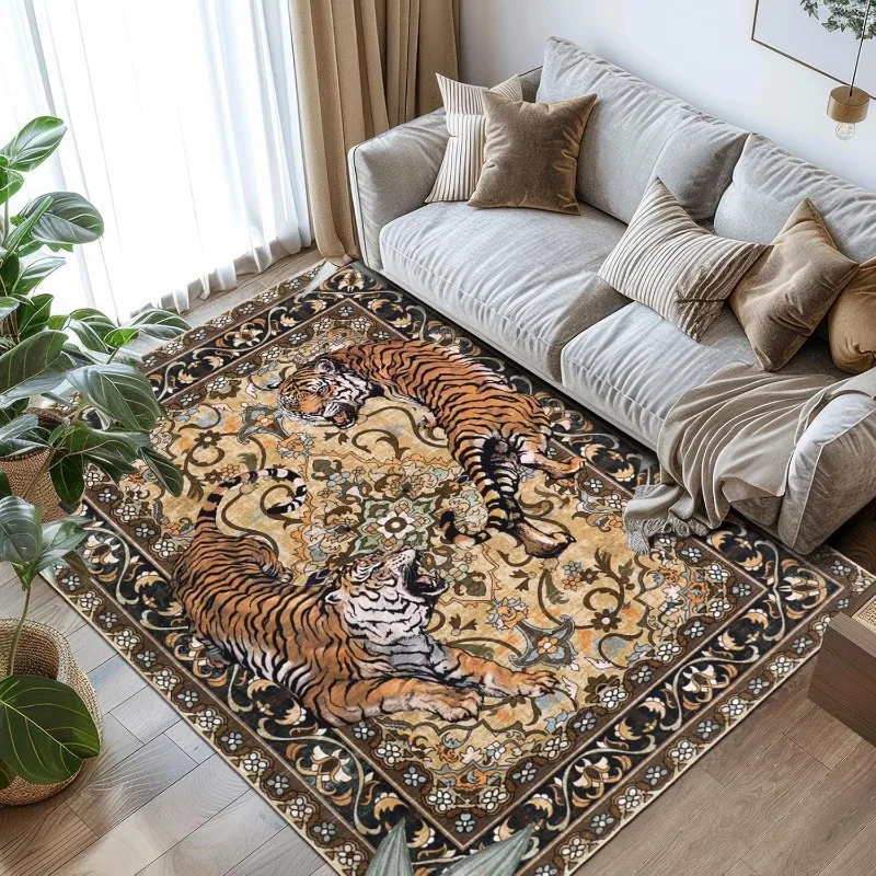 Nordic Retro Tiger Design Living Room Carpet Yellow Tigers Print Bedroom Rugs Machine Washable Non-slip Floor Mats Alfombra 러그