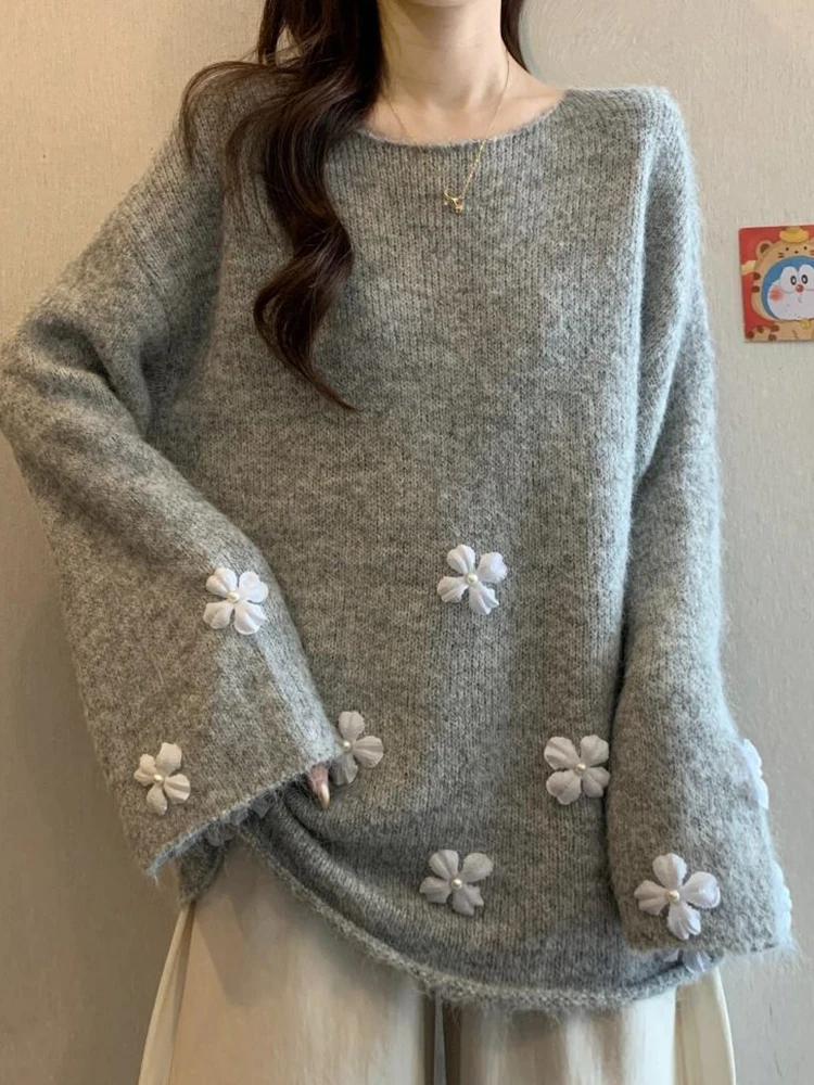 Zoete bloemen chique trui dames O-hals schattige gebreide truien met lange mouwen mode preppy stijl losse luie wind dame herfst trui
